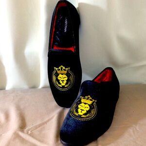 Elanroman Mens NEW Black Velvet Slip On Shoes Loafers Gold Lion Size 46 (12 US)